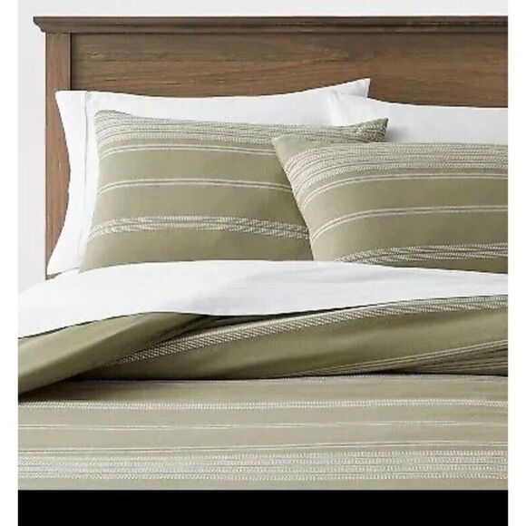 Threshold Cotton Woven Stripe Duvet Cover & Sham Set Moss Green/White - Picture 1 of 6